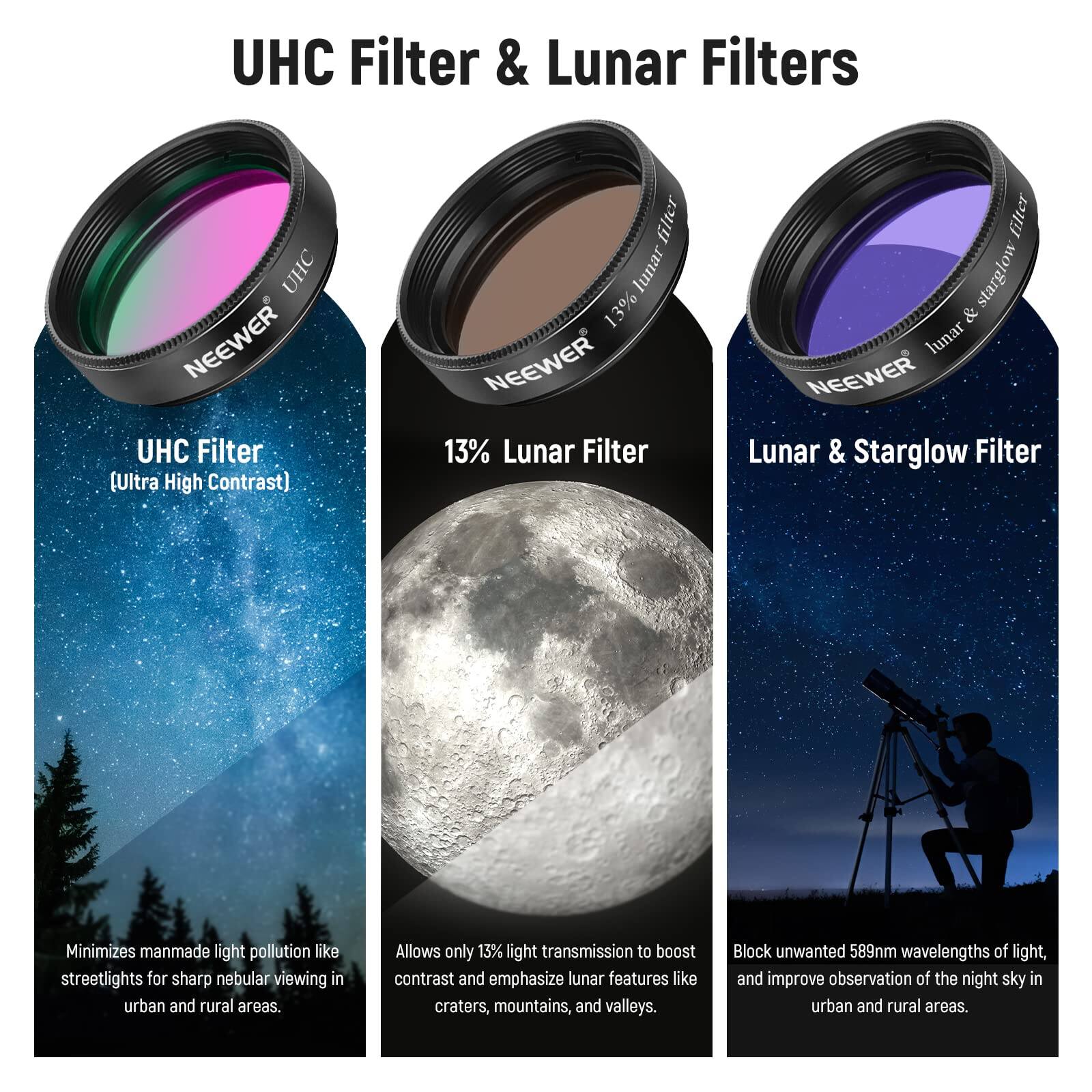 UHC Filter & Lunar Filters

UHC Filter (Ultra High Contrast)  
NEEWER UHC Filter

13% Lunar Filter  
NEEWER 13% Lunar Filter

Lunar & Starglow Filter  
NEEWER Lunar & Starglow Filter

Minimizes manmade light pollution like streetlights for sharp nebular viewing in urban and rural areas.  
Allows only 13% light transmission to boost contrast and emphasize lunar features like craters, mountains, and valleys.  
Block unwanted 589nm wavelengths of light, and improve observation of the night sky in urban and rural areas.