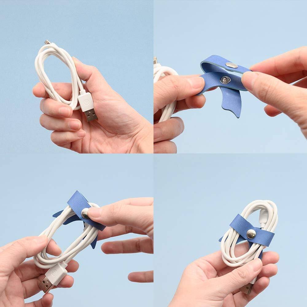 Alt View 1. THIRSTY TURTLE - Leather Cord Organizer (5‑Pack) — Mint, USB & Earphone Cable Holder.