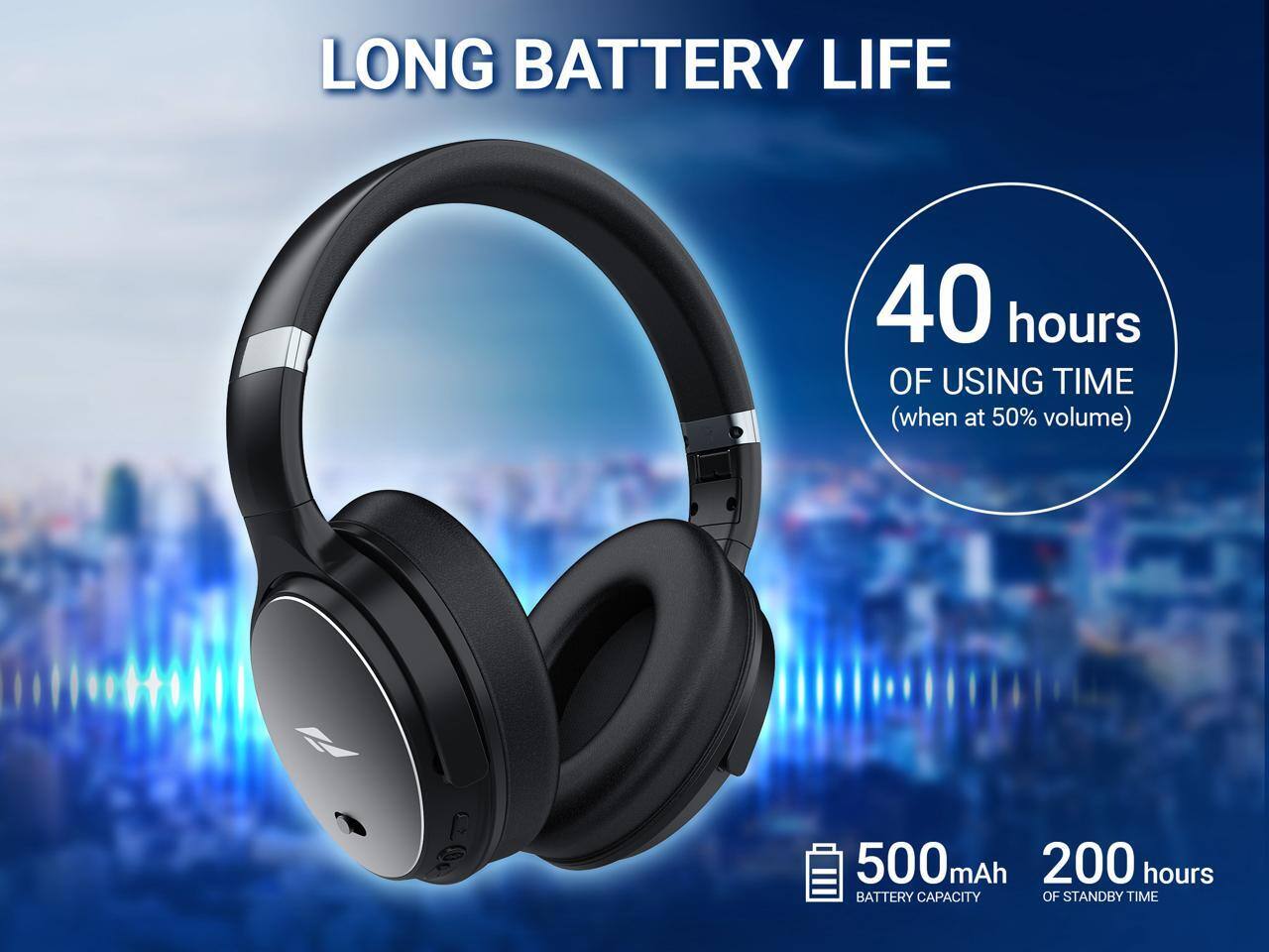 LONG BATTERY LIFE

40 hours of using time (when at 50% volume)

500mAh battery capacity

200 hours of standby time