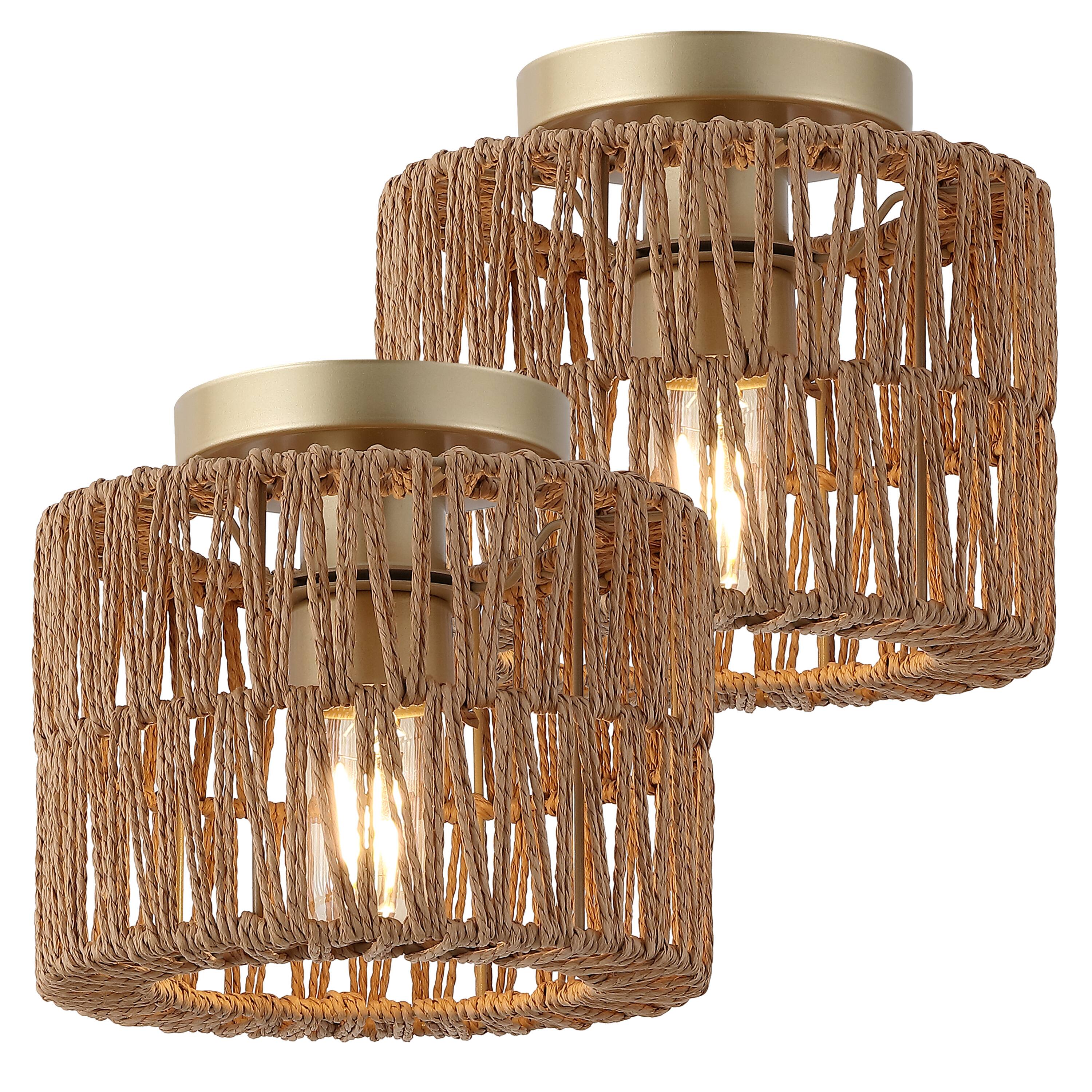 Front. Jonathan Y - Omar Set of 2 Modern 8" Gold Painting Metal Flush Mount with Brown Paper Cylinder Crossed Weave Shade, for Bedroom - Brown.