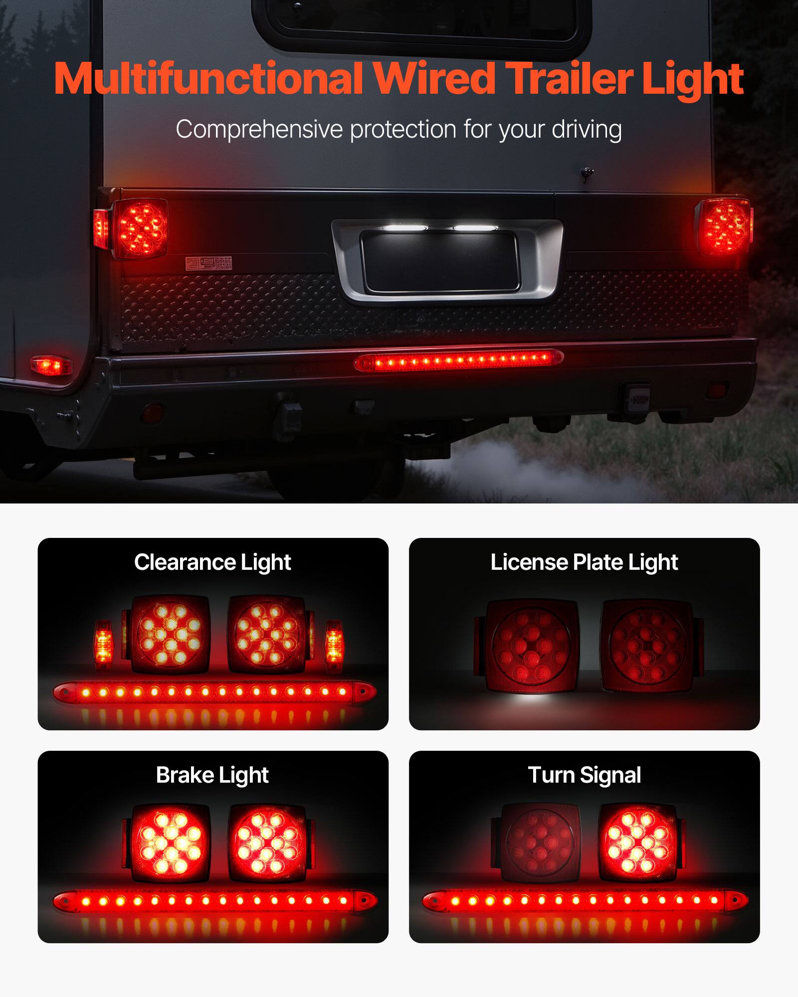 Multifunctional Wired Trailer Light  
Comprehensive protection for your driving  

Clearance Light  
License Plate Light  
Brake Light  
Turn Signal
