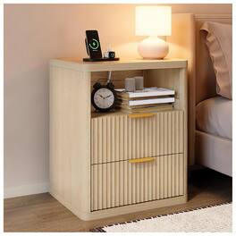 GARVEE - Fluted Nightstand with Charging Station, Bedside Table with 2 Drawers and Open Storage Space, Color 1pcs - Natural