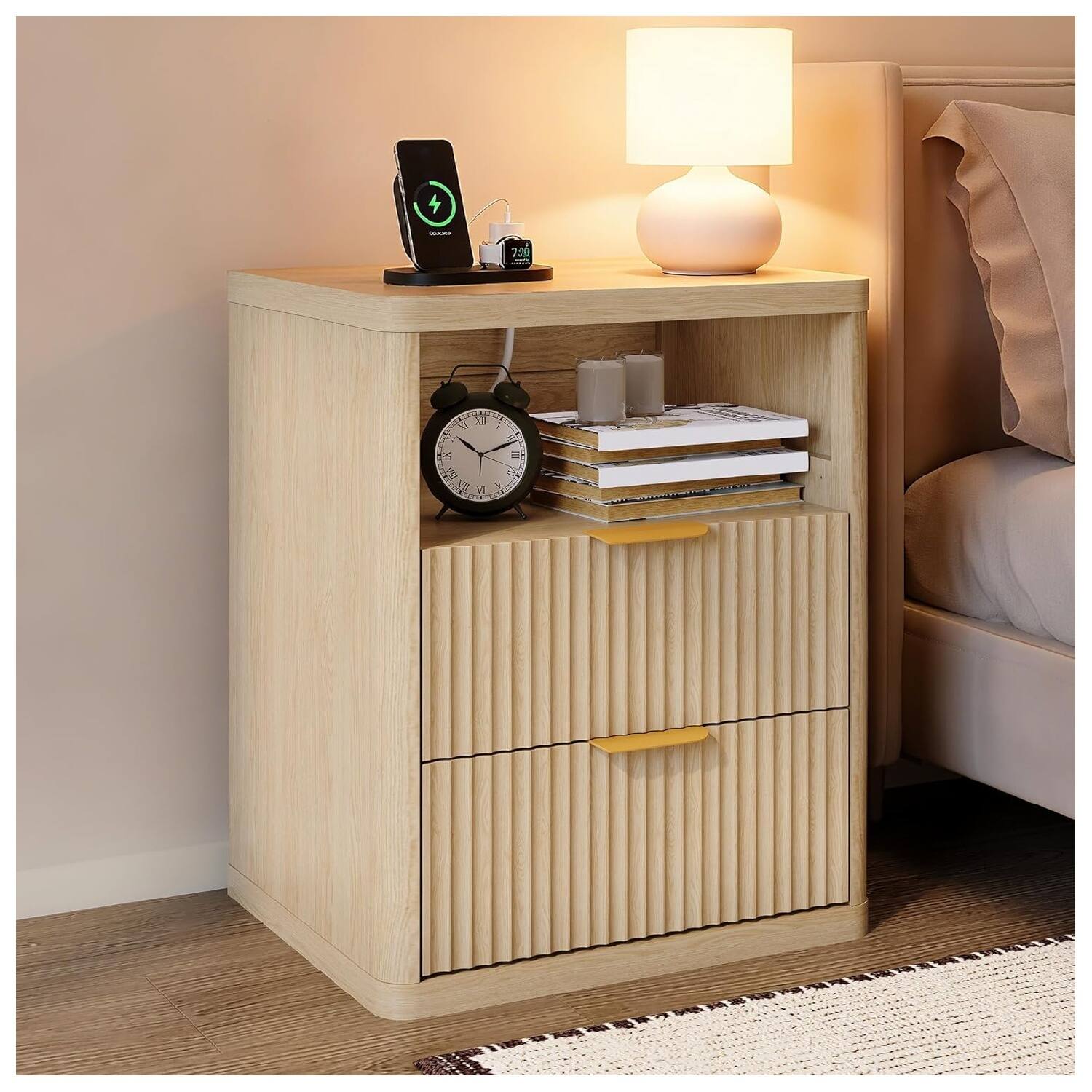 Front. GARVEE - Fluted Nightstand with Charging Station, Bedside Table with 2 Drawers and Open Storage Space, Natural Color 1pcs - Natural.