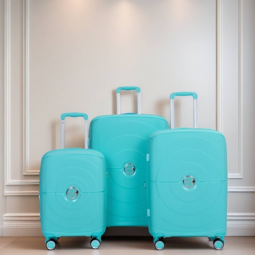 Angle. BreeBe - Expandable Hardshell Suitcase with Double Spinner Wheels, TSA Lock, Polypropylene, 3-Piece - Lake Blue.