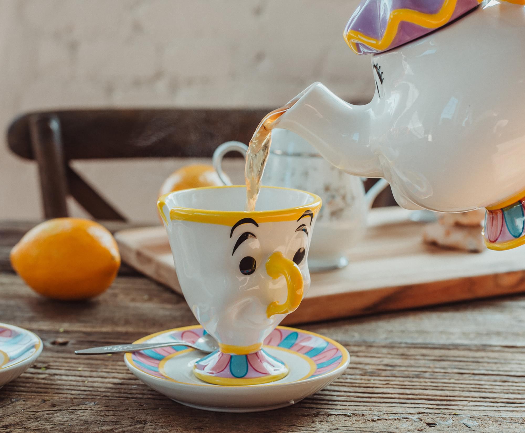Alt View 4. Disney - Disney Beauty and the Beast Mrs. Potts Teapot Set With 2 Chip Cups and Saucers - White.