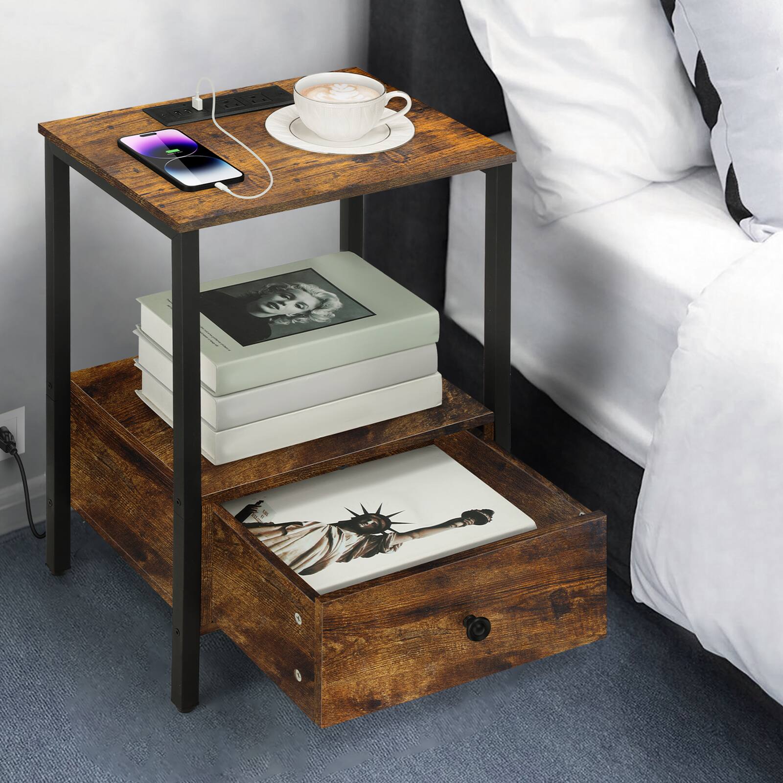 Back. Oumilen - End Table with Built-In Charging Station & Wood Drawer (Set of 2), Brown - Brown.