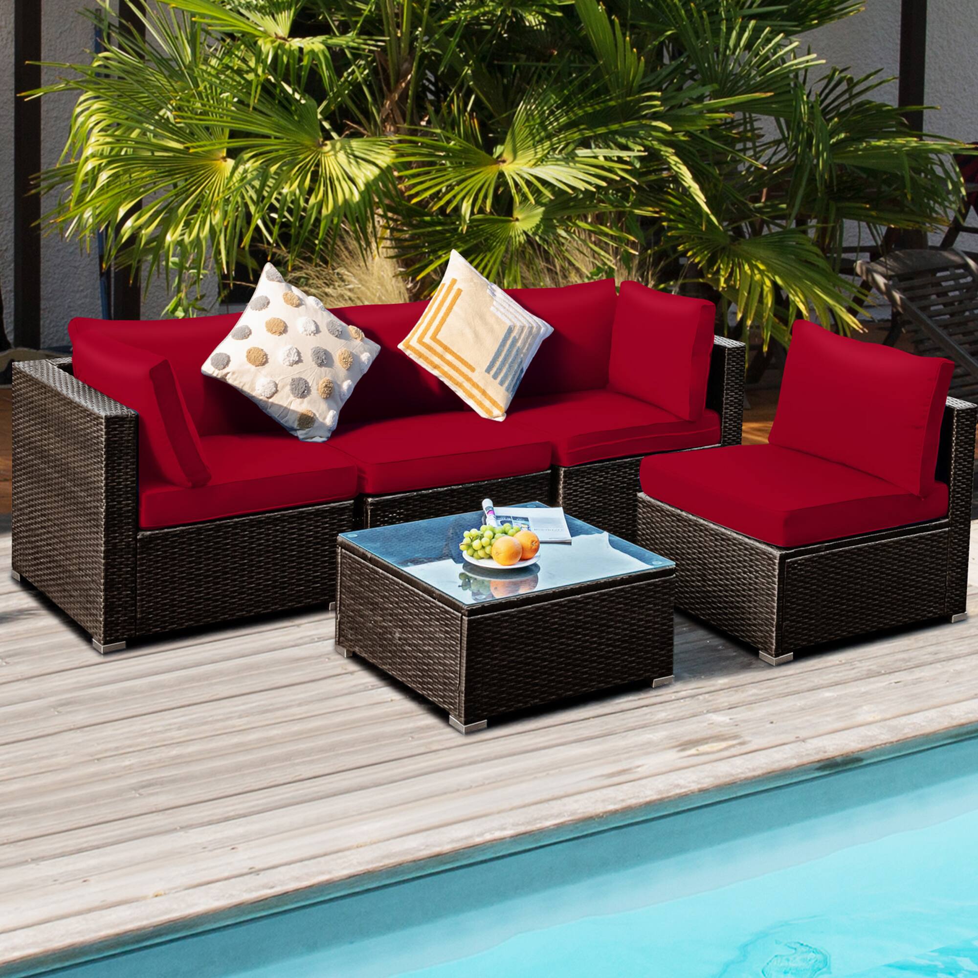 Alt View 3. Gymax - Gymax 5PCS Rattan Patio Conversation Set Sofa Furniture Set w/ Red Cushions - Mix brown.