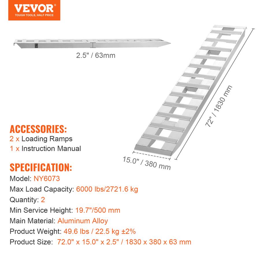 Model 7001 Ramp Kit VEVOR Loading Ramps, 2 Pcs 72 x 15 in, Durable Aluminum and Heavy Duty ...
