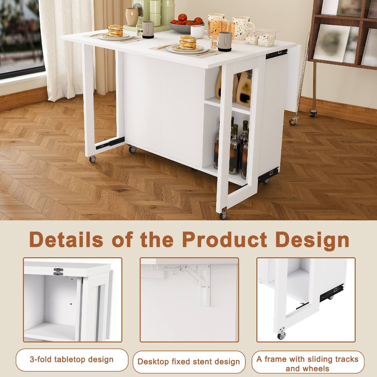 Details of the Product Design

- 3-fold tabletop design
- Desktop fixed stent design
- A frame with sliding tracks and wheels
