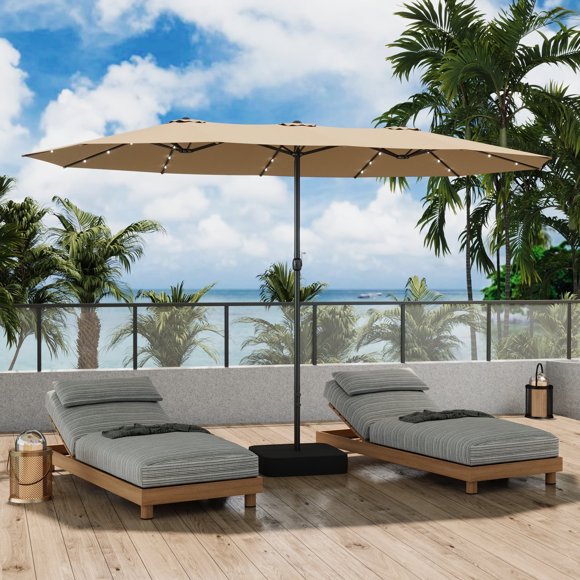 Famapy - Large Rectangular Outdoor Patio Umbrella with Integrated Edge LED Lights Day-to-Night Shade Multiple Colors - Sand