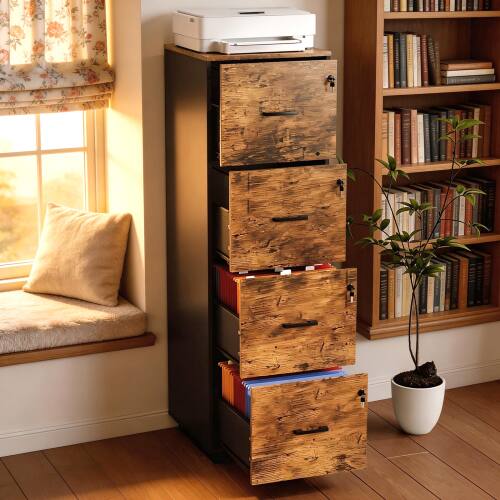 Alt View 8. Winado - Mobile 4-Drawers Tall File Cabinet with Independent Locks, Letter-Size Hanging Anti-Tip for Home Office Space-Saving - Rustic Brown.