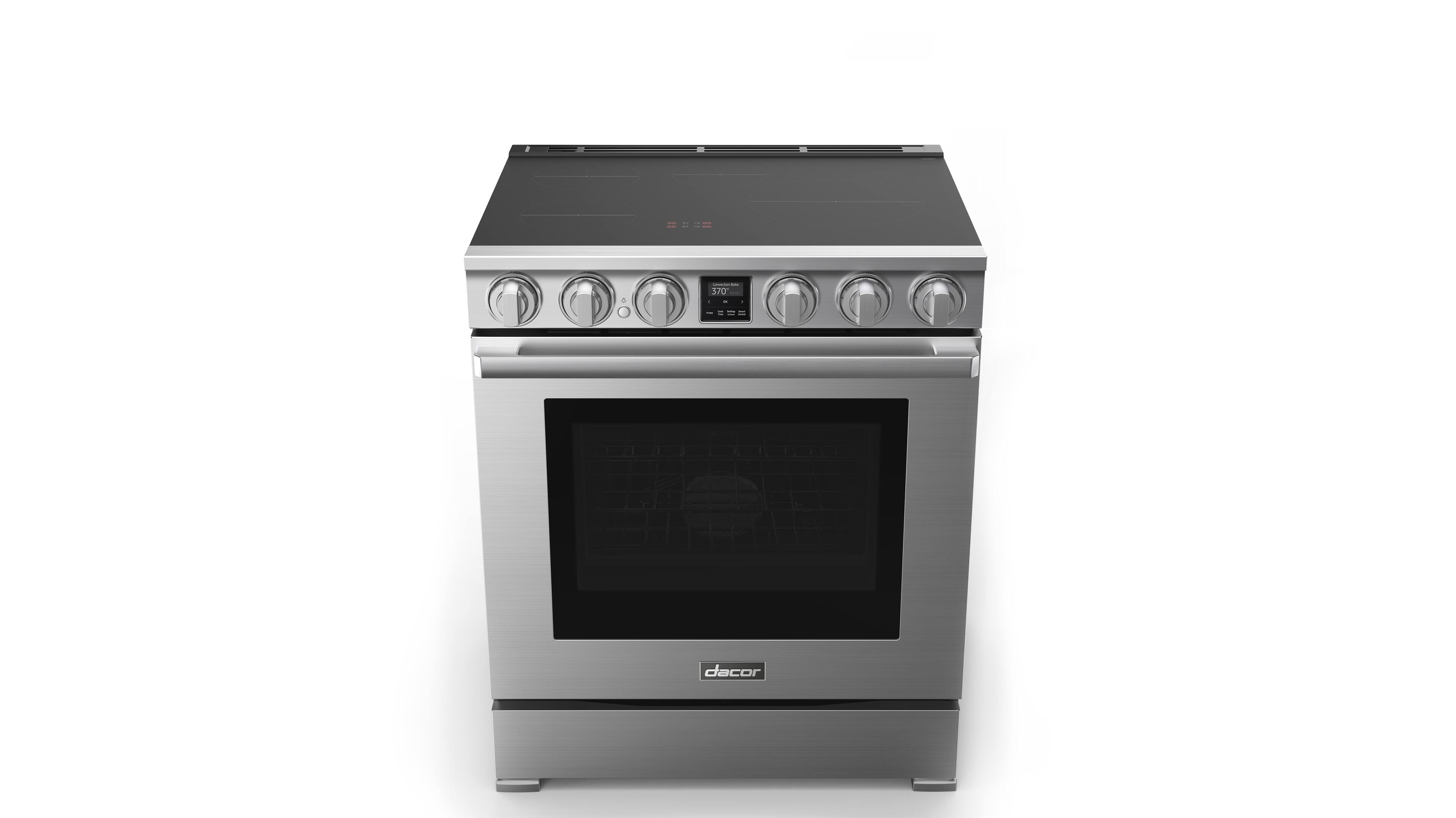 The text on the image reads "aS= 370 . .OM dacor." This is a description of a stainless steel oven with a digital display. The oven has a stainless steel finish and features a digital display, which likely indicates the current temperature or cooking time. The oven is likely part of a larger kitchen appliance set, such as a stove or cooktop, and is designed for efficient and precise cooking.