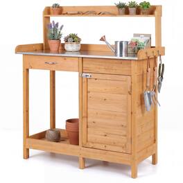 Costway - Outdoor Potting Bench Garden Wooden Work Station Metal Tabletop Cabinet Drawer - Natural