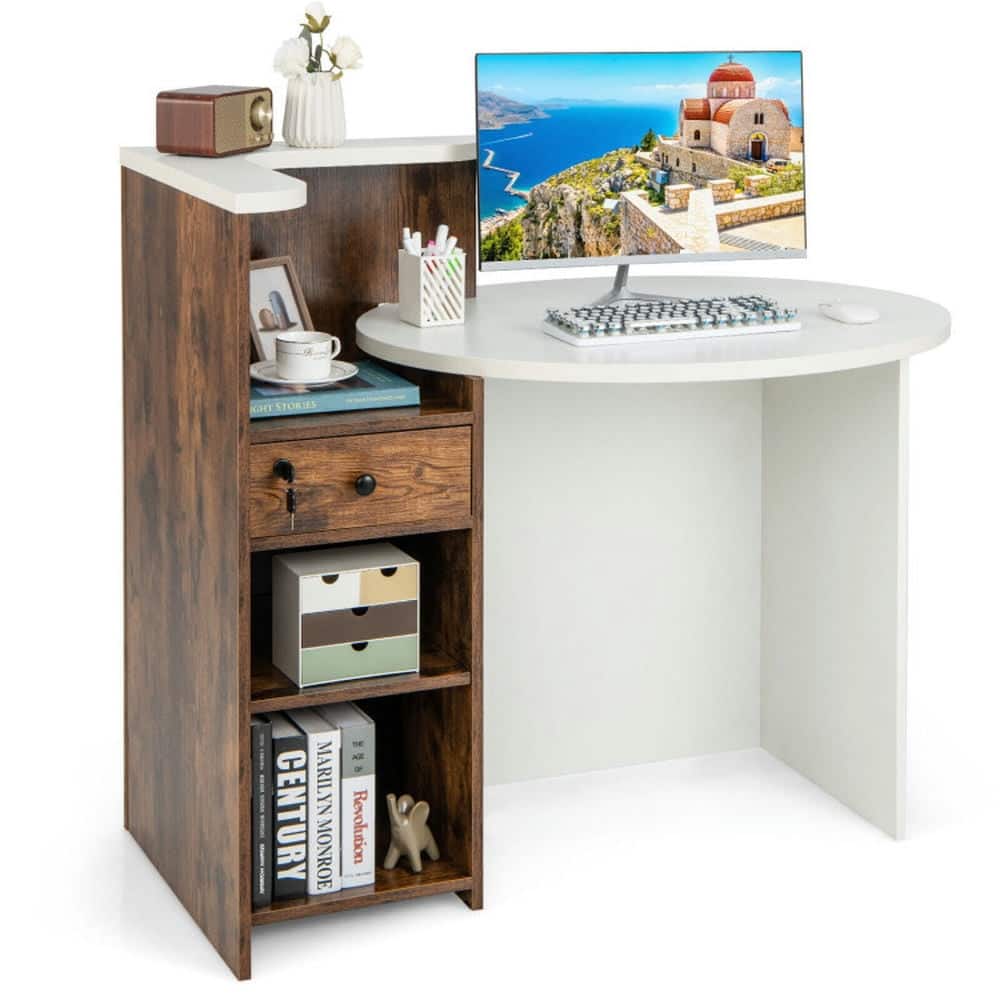 Kadyn - Front Reception Office Desk with Open Shelf and Lockable Drawer-Rustic Brown, Home Office Desks, Gaming Computer Desks - White
