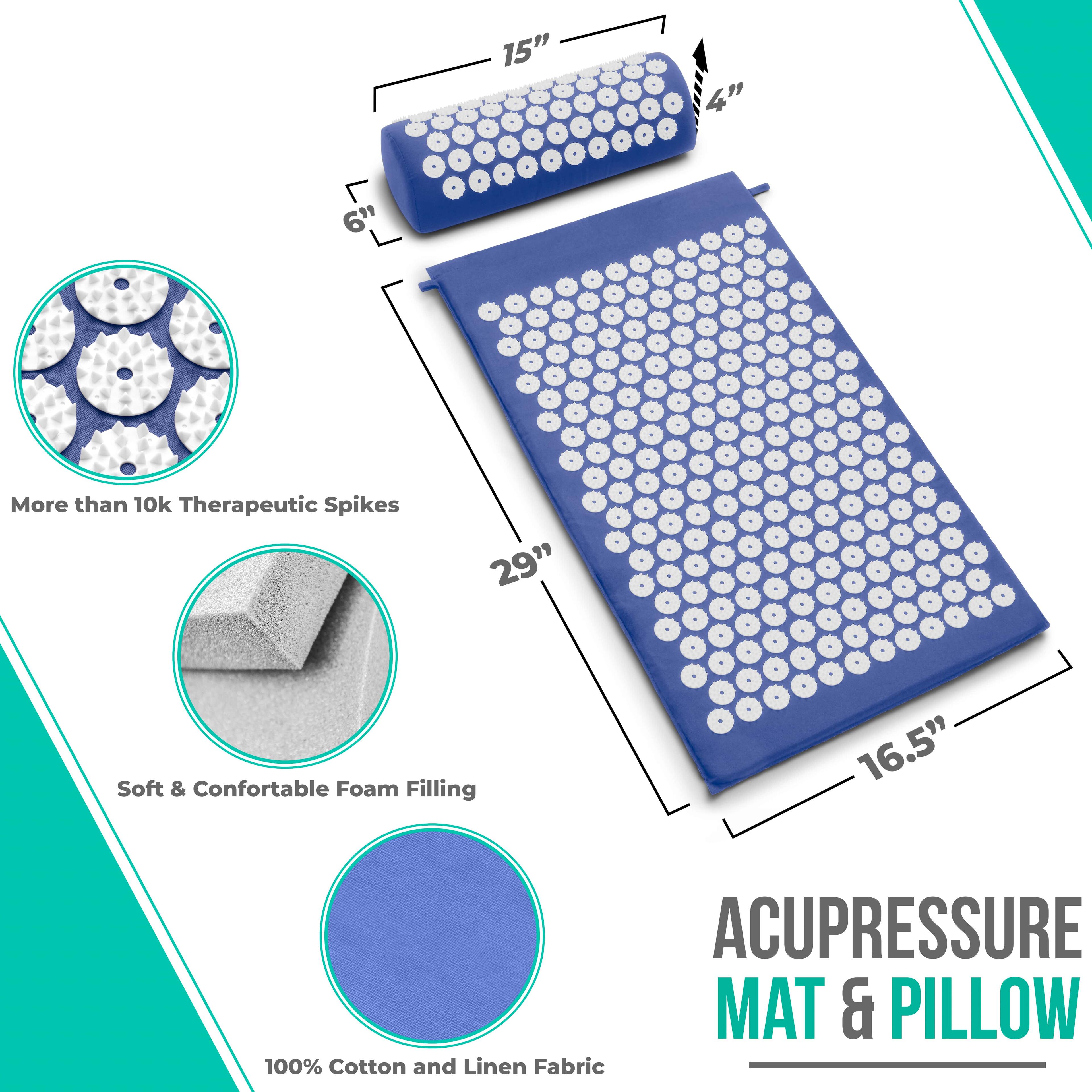 15" x 4" x 6"  
More than 10k Therapeutic Spikes  
29" Soft & Comfortable Foam Filling  
16.5" ACUPRESSURE MAT & PILLOW  
100% Cotton and Linen Fabric