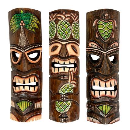 Front. Zeckos - Hand Carved Wood Tiki Mask Set of 3 Palm Tree Pineapple Turtle 19in Wall Decor - Green.