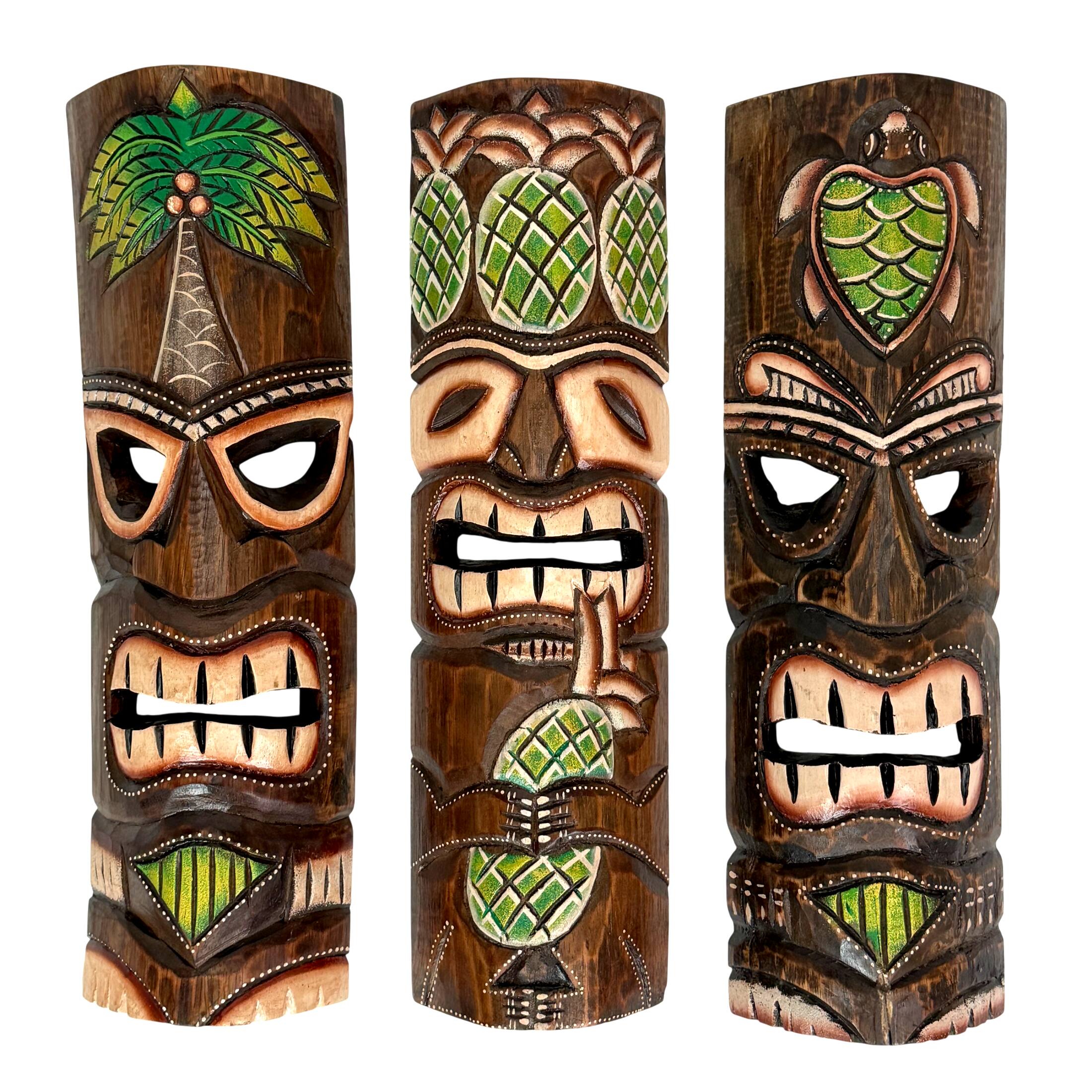 Front. Zeckos - Hand Carved Wood Tiki Mask Set of 3 Palm Tree Pineapple Turtle 19in Wall Decor - Green.