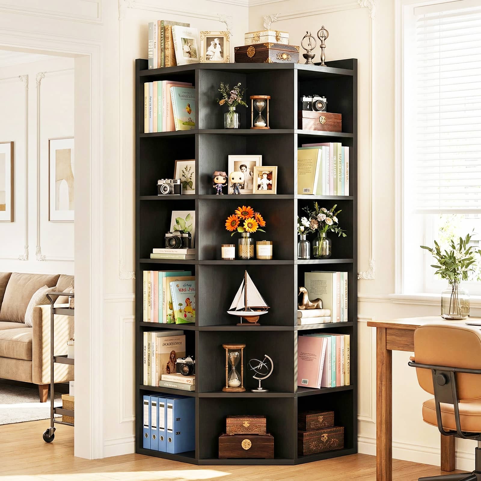 Aheaplus - 7-Tier L-Shaped Corner Cube Book Shelf with Top Table: Wooden Cubby Storage for Small Spaces, Home Office, Bedroom - Black