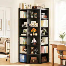 Aheaplus - 7-Tier L-Shaped Corner Cube Book Shelf with Top Table: Wooden Cubby Storage for Small Spaces, Home Office, Bedroom - Black