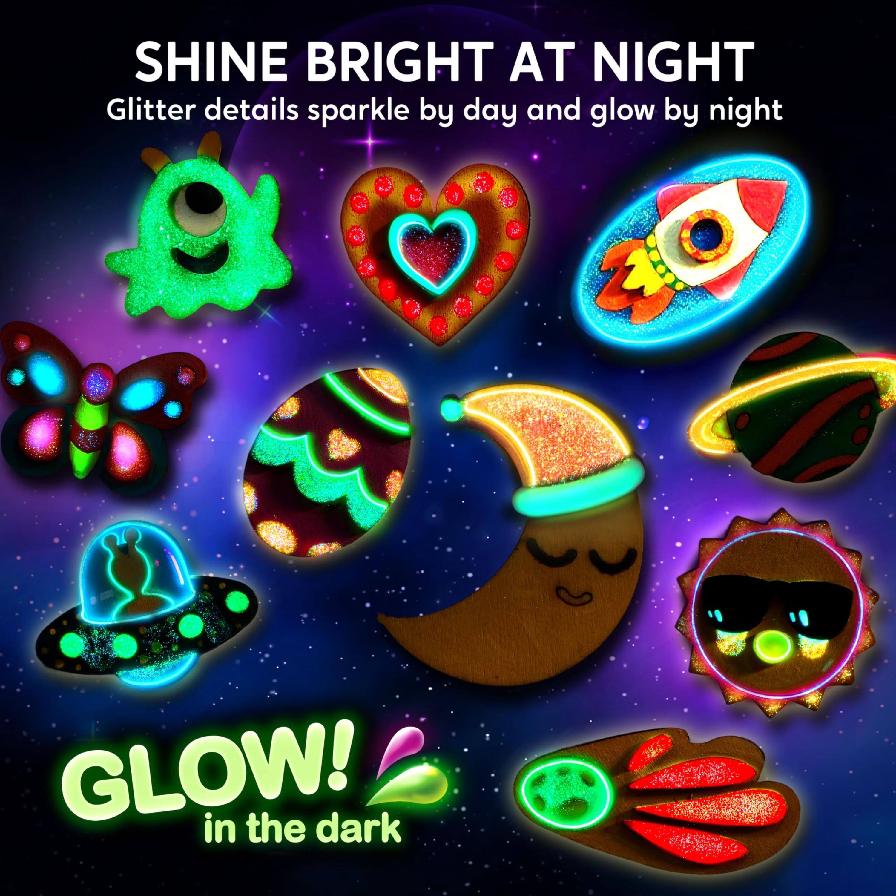 SHINE BRIGHT AT NIGHT  
Glitter details sparkle by day and glow by night  

GLOW!  
in the dark