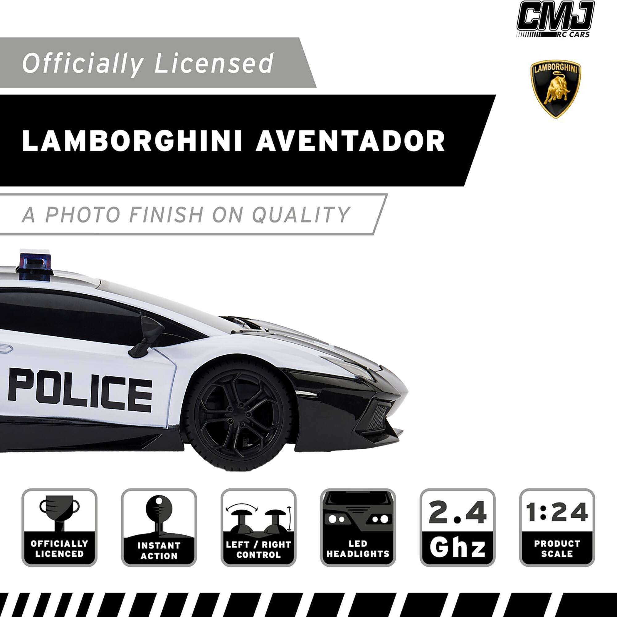 Officially Licensed  
LAMBORGHINI AVENTADOR  
A PHOTO FINISH ON QUALITY  

POLICE  

OFFICIALLY LICENSED  
INSTANT ACTION  
LEFT / RIGHT LED CONTROL HEADLIGHTS  
2.4 Ghz  
1:24 PRODUCT SCALE