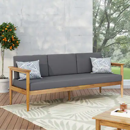 Front. Mondawe - Acacia Wood Outdoor Sofa with Water-Resistant Cushions - Dark Grey.