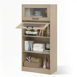 Gymax - 4-Tier Tall Bookcase w/ Flip-up Doors w/Storage Cabinets & Open Compartments - Yellow
