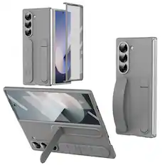 Front. Dteck - Matte Case for Samsung Galaxy Z Fold6 with Wristband Stand, Bulit-in Front Screen Protector, Shockproof Full Body Cover - Gray.