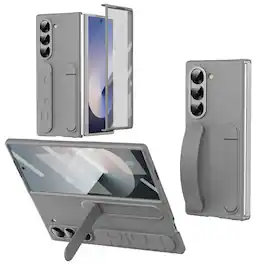 Dteck - Matte Case for Samsung Galaxy Z Fold6 with Wristband Stand, Bulit-in Front Screen Protector, Shockproof Full Body Cover - Gray