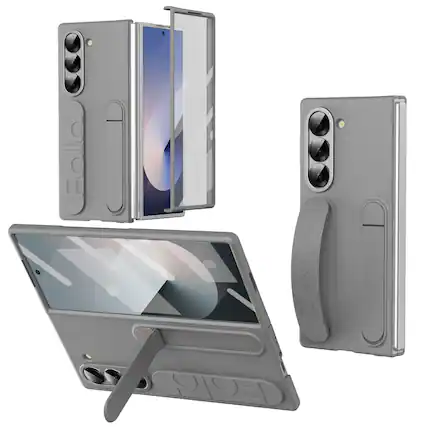 Front. Dteck - Matte Case for Samsung Galaxy Z Fold6 with Wristband Stand, Bulit-in Front Screen Protector, Shockproof Full Body Cover - Gray.