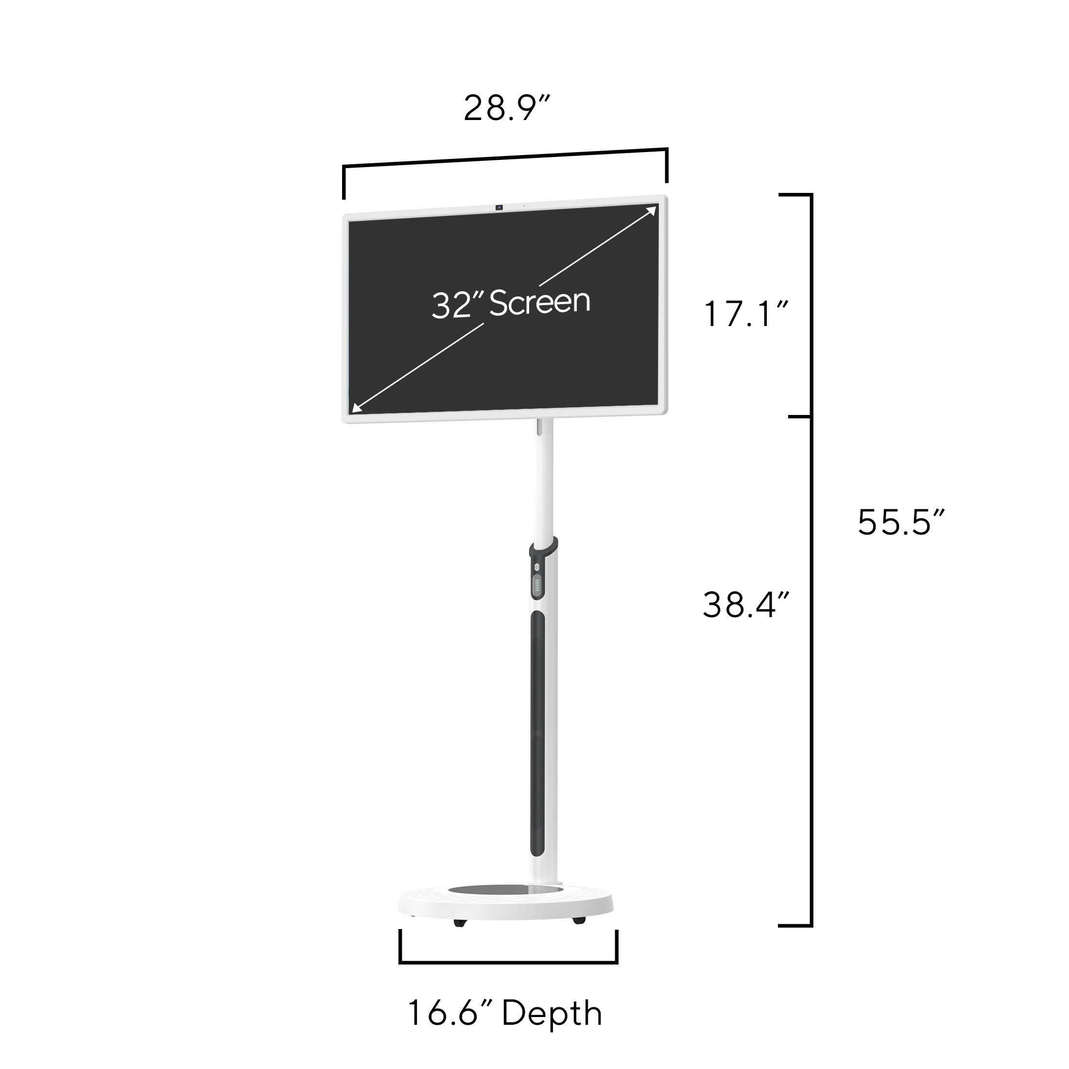 The text on the image reads: "28.9" 32" Screen 17.1" 55.5" 38.4" 16.6" Depth".