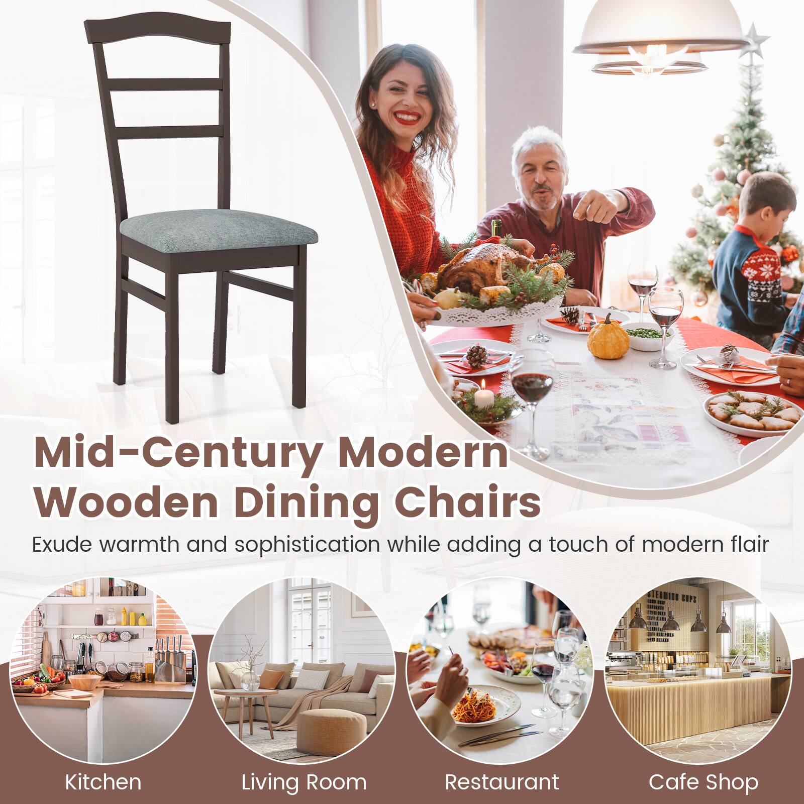 Mid-Century Modern Wooden Dining Chairs  
Exude warmth and sophistication while adding a touch of modern flair  

Kitchen  
Living Room  
Restaurant  
Cafe Shop