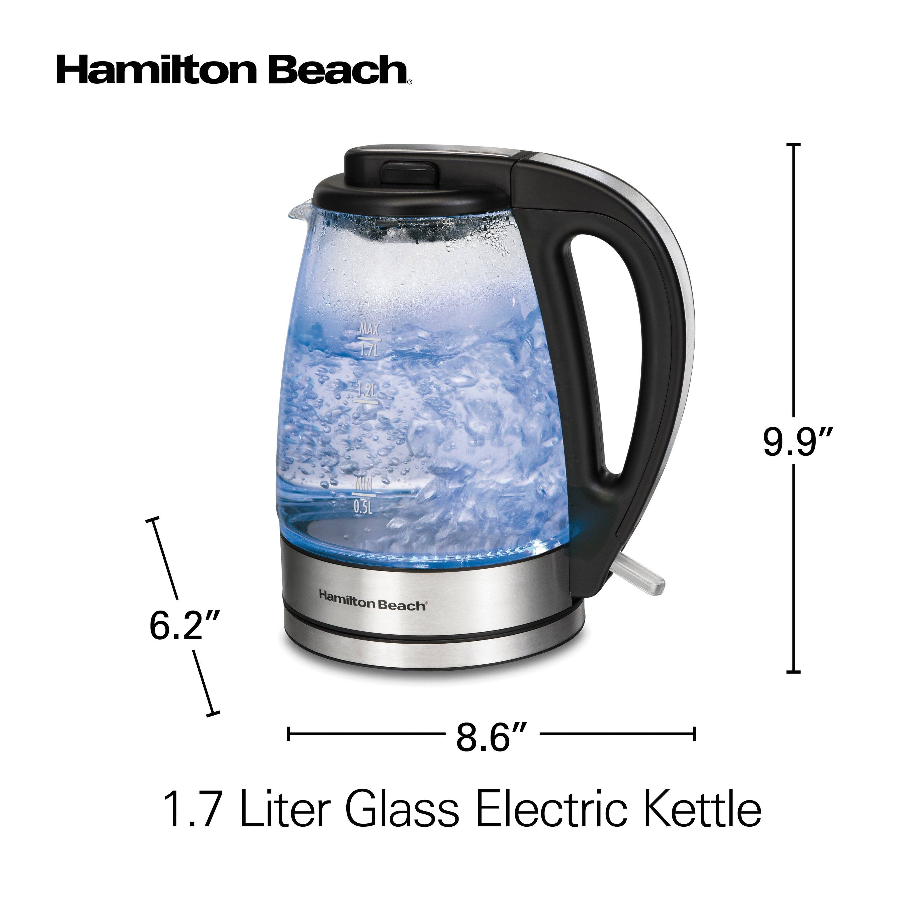 Hamilton Beach  
1.7 Liter Glass Electric Kettle  
Dimensions: 9.9" x 8.6" x 6.2"  
Hamilton Beach JUX 17 190 AI 05L