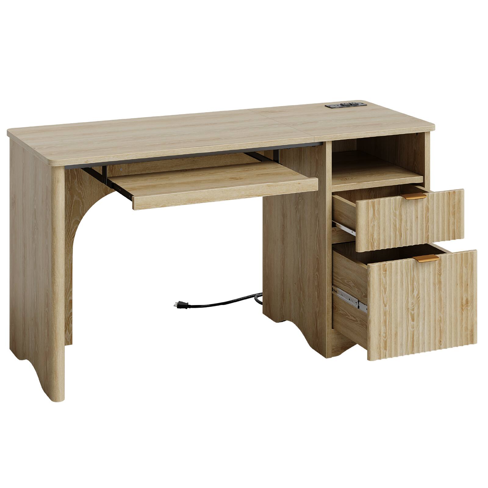 Angle. Bestier - 55-inch Double Drawer Desk with USB Charging Ports & Keyboard Tray - Burlywood.