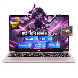 NIMO - 15.6" IPS FHD-Gaming-Laptop, 8 Cores AMD Ryzen 7 6800H 64GB DDR5 RAM 1TB SSD 4.7GHz Fingerprint 100W - Rose Gold