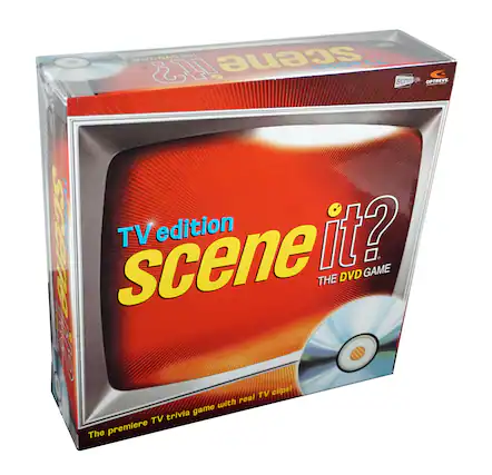 Sure, here is the corrected and grouped text from the image:
---
**Scene It?**
**TV Edition**
**The DVD Game**
**The premiere TV trivia game with real TV clips!**
**Screenlife**
**Optreve**
---
This text is taken from the packaging of the "Scene It? TV Edition" DVD game.