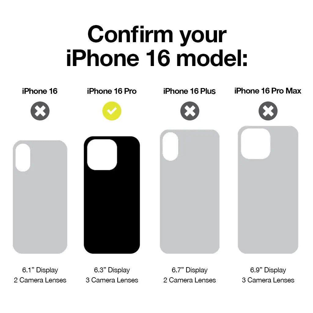 Confirm your iPhone 16 model:

- iPhone 16: 6.1" Display, 2 Camera Lenses
- iPhone 16 Pro: 6.3" Display, 3 Camera Lenses
- iPhone 16 Plus: 6.7" Display, 2 Camera Lenses
- iPhone 16 Pro Max: 6.9" Display, 3 Camera Lenses
