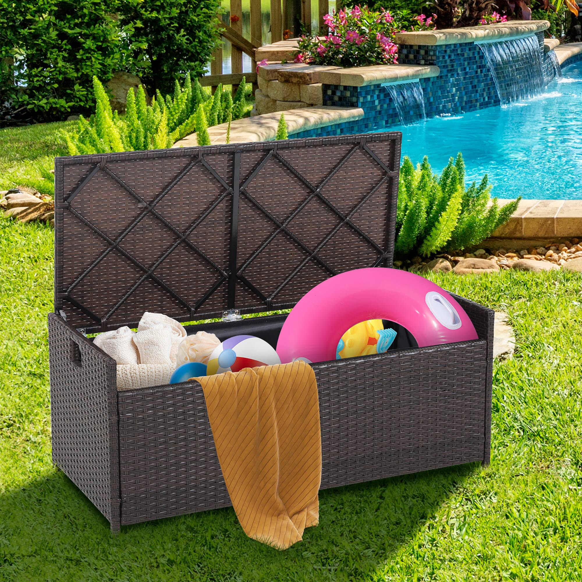 Alt View 3. Gymax - Gymax 34 Gallon Outdoor Storage Patio Bench Patio Wicker Deck Box w/ Off White Cushion - Mix Brown.