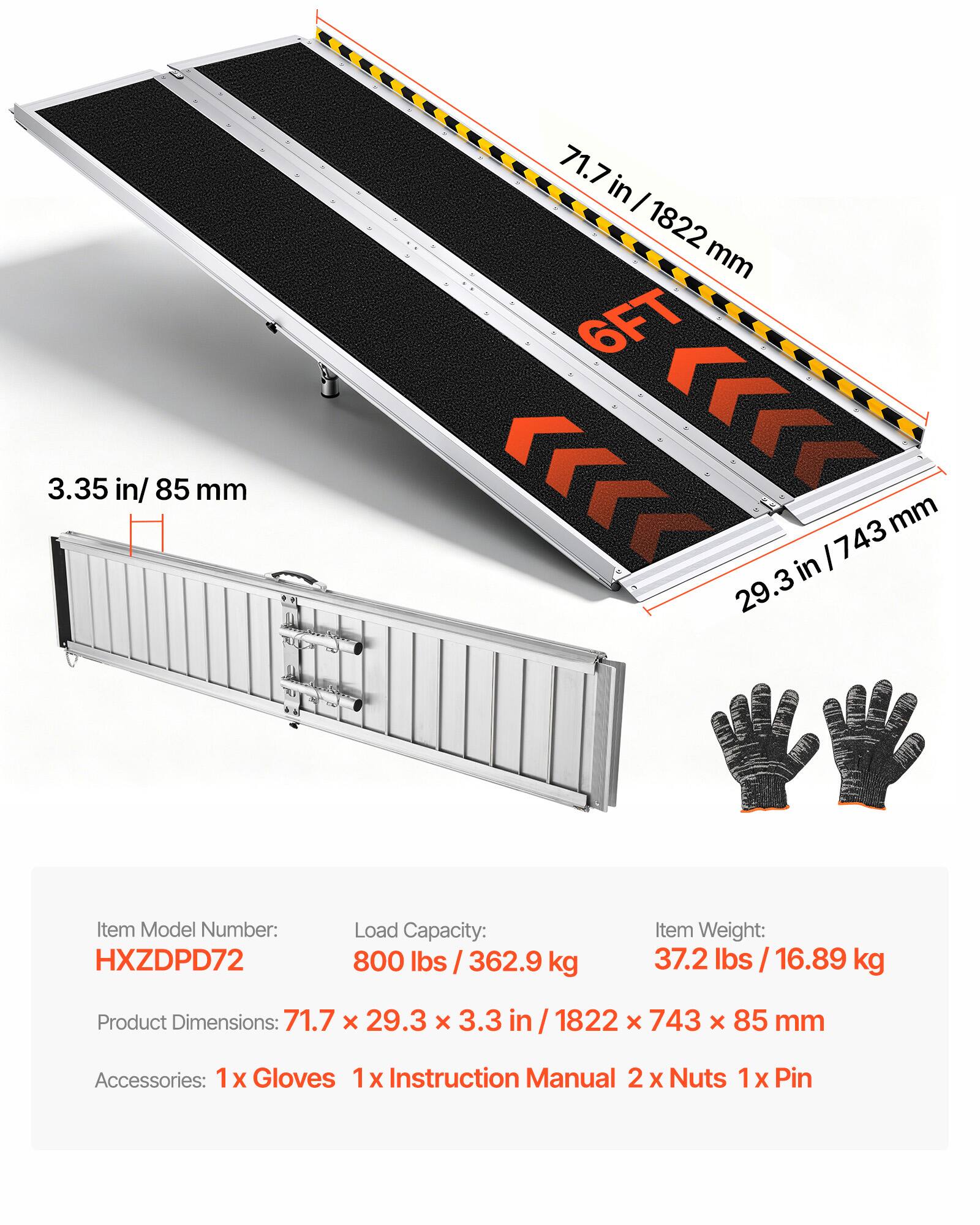 3.35 in/ 85 mm  
71.7 in / 1822 mm  
6FT  
29.3 in/743 mm  

Item Model Number: HXZDPD72  
Load Capacity: 800 lbs / 362.9 kg  
Item Weight: 37.2 lbs / 16.89 kg  
Product Dimensions: 71.7 x 29.3 x 3.3 in / 1822 x 743 x 85 mm  

Accessories:  
1 x Gloves  
1 x Instruction Manual  
2 x Nuts  
1 x Pin