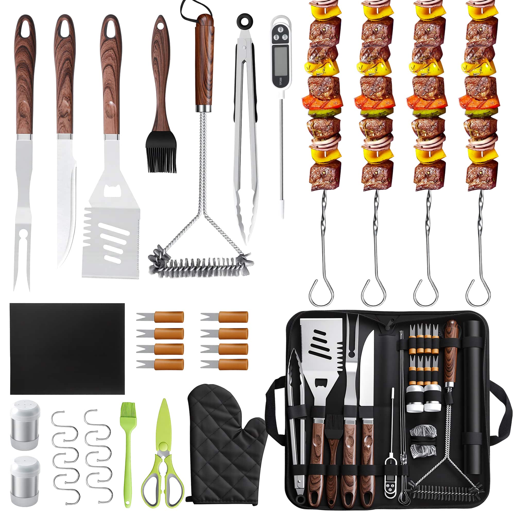 Sugift - 34-Piece BBQ Grill Tool Set with Wooden Handles and Carrying Case - Silver