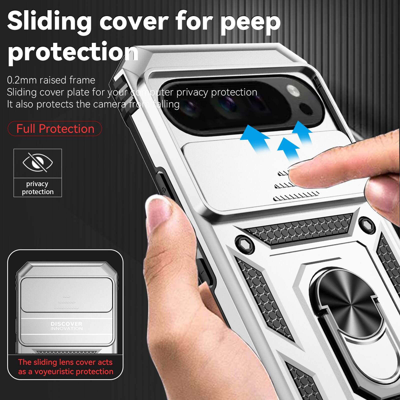 Sliding cover for peep protection  
0.2mm raised frame  
Sliding cover plate for your computer privacy protection  
It also protects the camera from falling  

Full Protection  
privacy protection  

DISCOVER INNOVATION  
The sliding lens cover acts as a voyeuristic protection