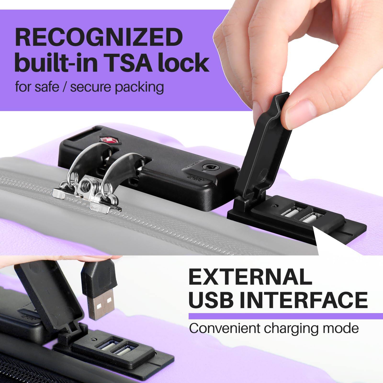 RECOGNIZED built-in TSA lock for safe / secure packing

EXTERNAL USB INTERFACE
Convenient charging mode