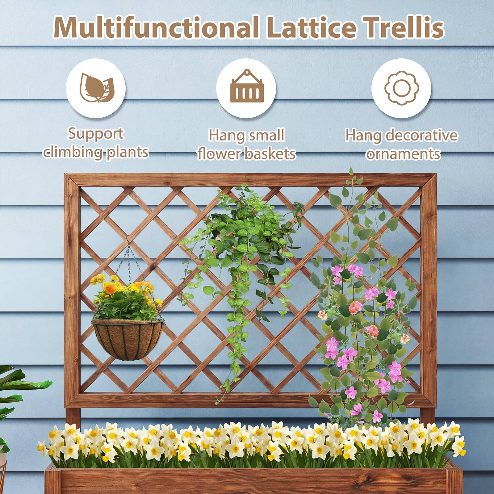 Multifunctional Lattice Trellis

- Support climbing plants
- Hang small flower baskets
- Hang decorative ornaments