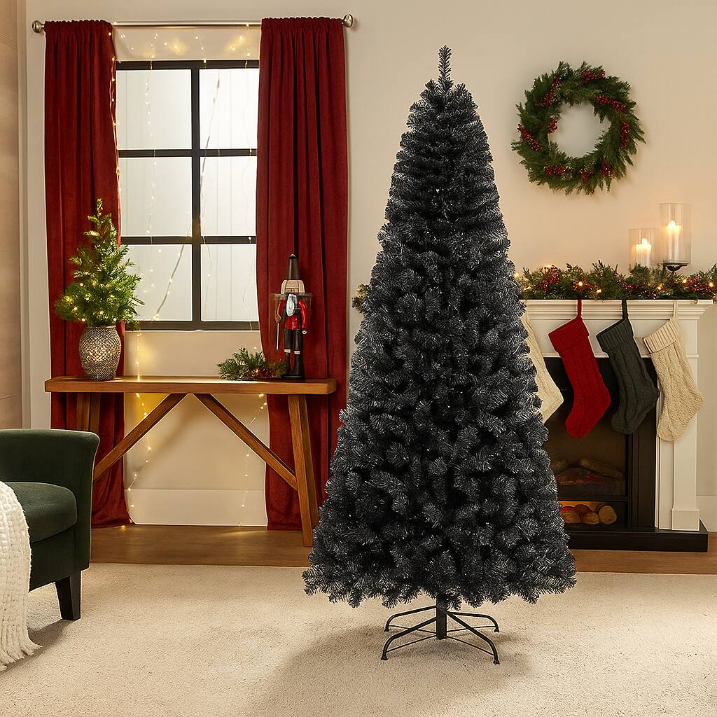 Angle. BreeBe - Pre-Lit Artificial Tree – 6/7ft with Flexible Top and Soft Warm Lighting - Black.