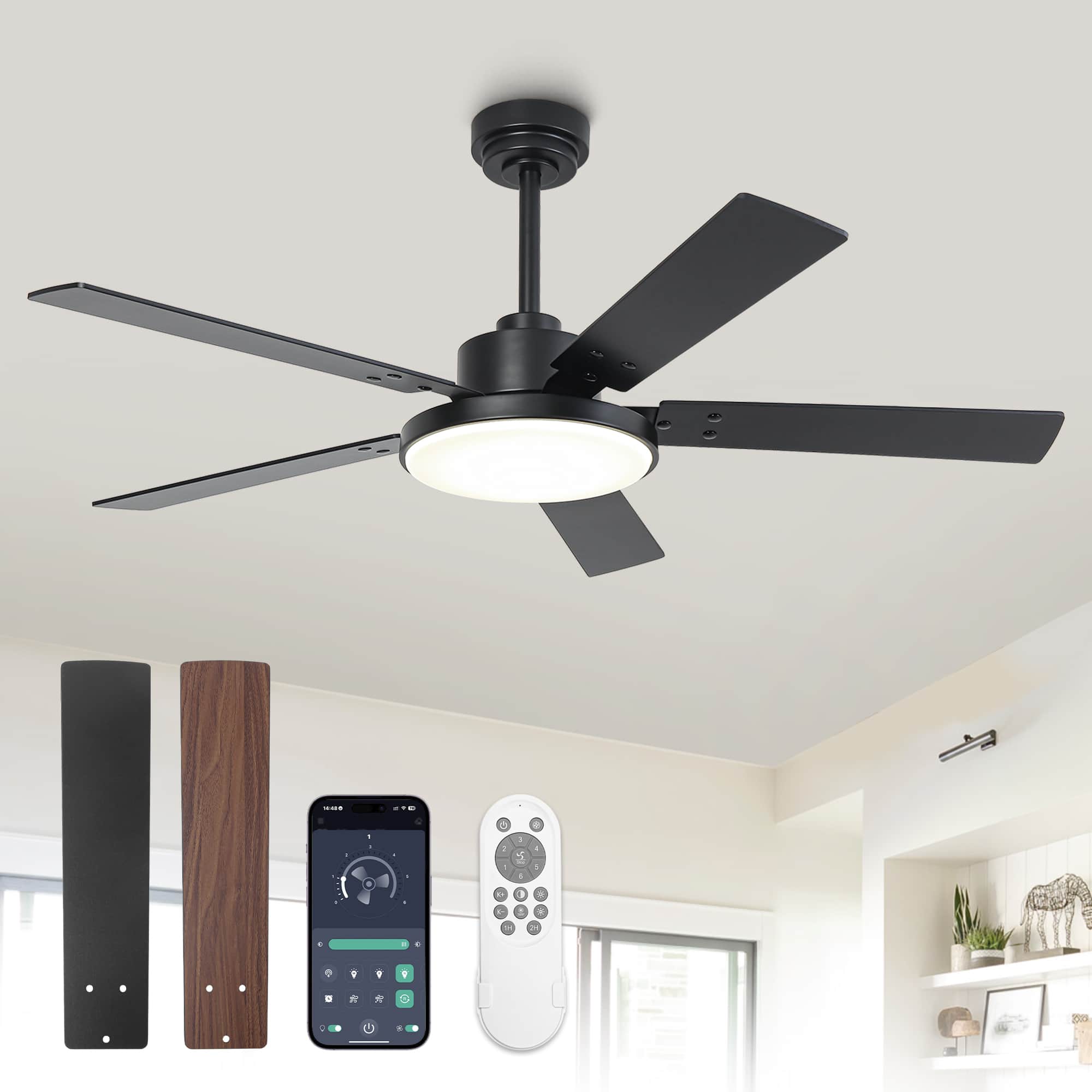 Vaczon - 52" Modern 6 Speed DC Motor Smart Ceiling Fan with Light and Remote and APP Control, Reversible Blades - Black