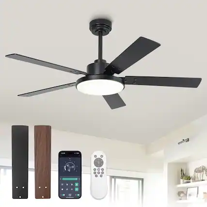 Front. Vaczon - 52" Modern Black 6 Speed DC Motor Smart Ceiling Fan with Light and Remote and APP Control, Reversible Blades - Black.