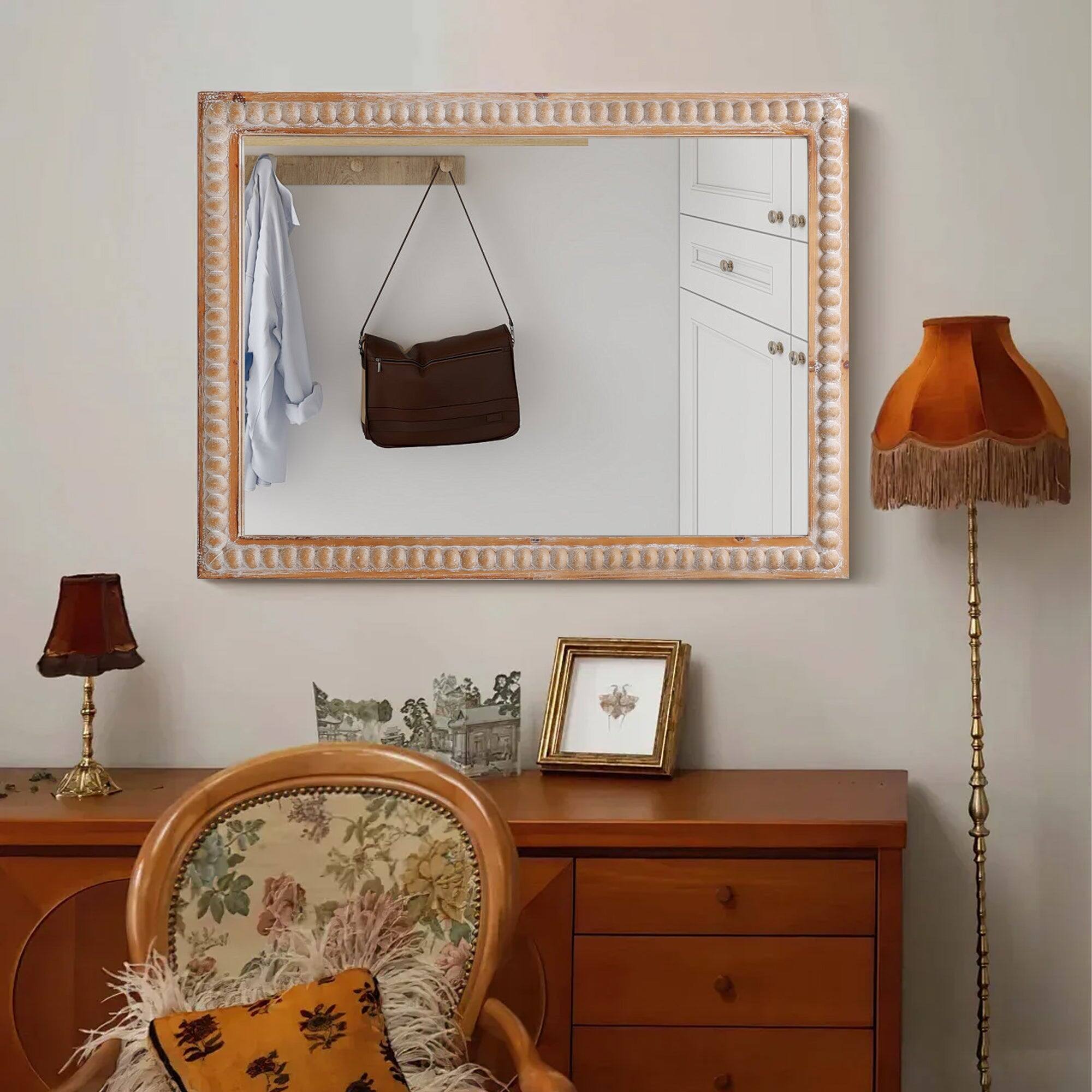 Alt View 9. BreeBe - 22x30 Wood Framed Wall Mirror for Bathroom Farmhouse Rectangle Vanity Mirror Horizontal/Vertical with Beading - Antique Natural.