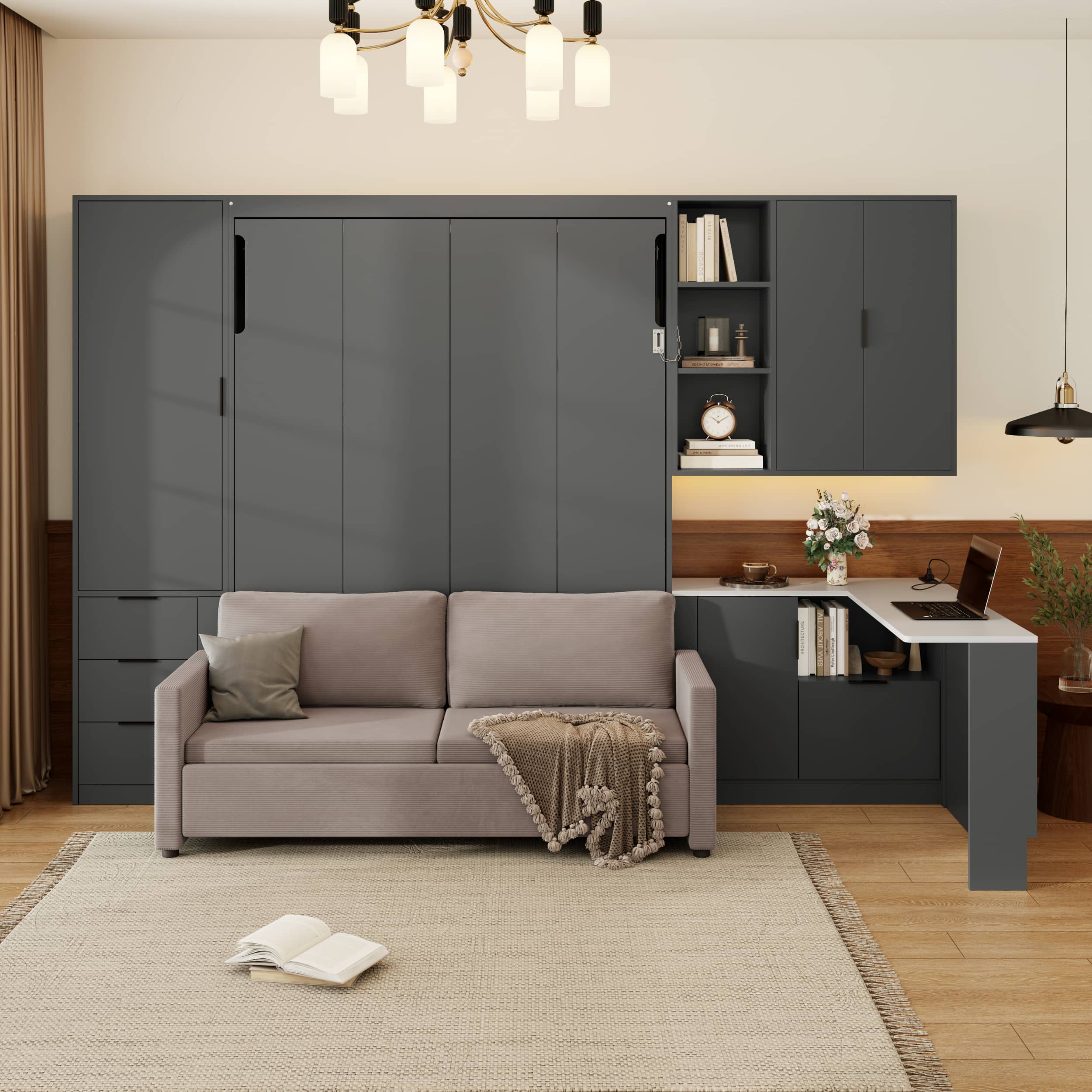 Whisen - Queen Murphy Bed with Sofa,Hydraulic Lift,Built-in Desk,Storage Shelves and LED Lighting - Dark Gray
