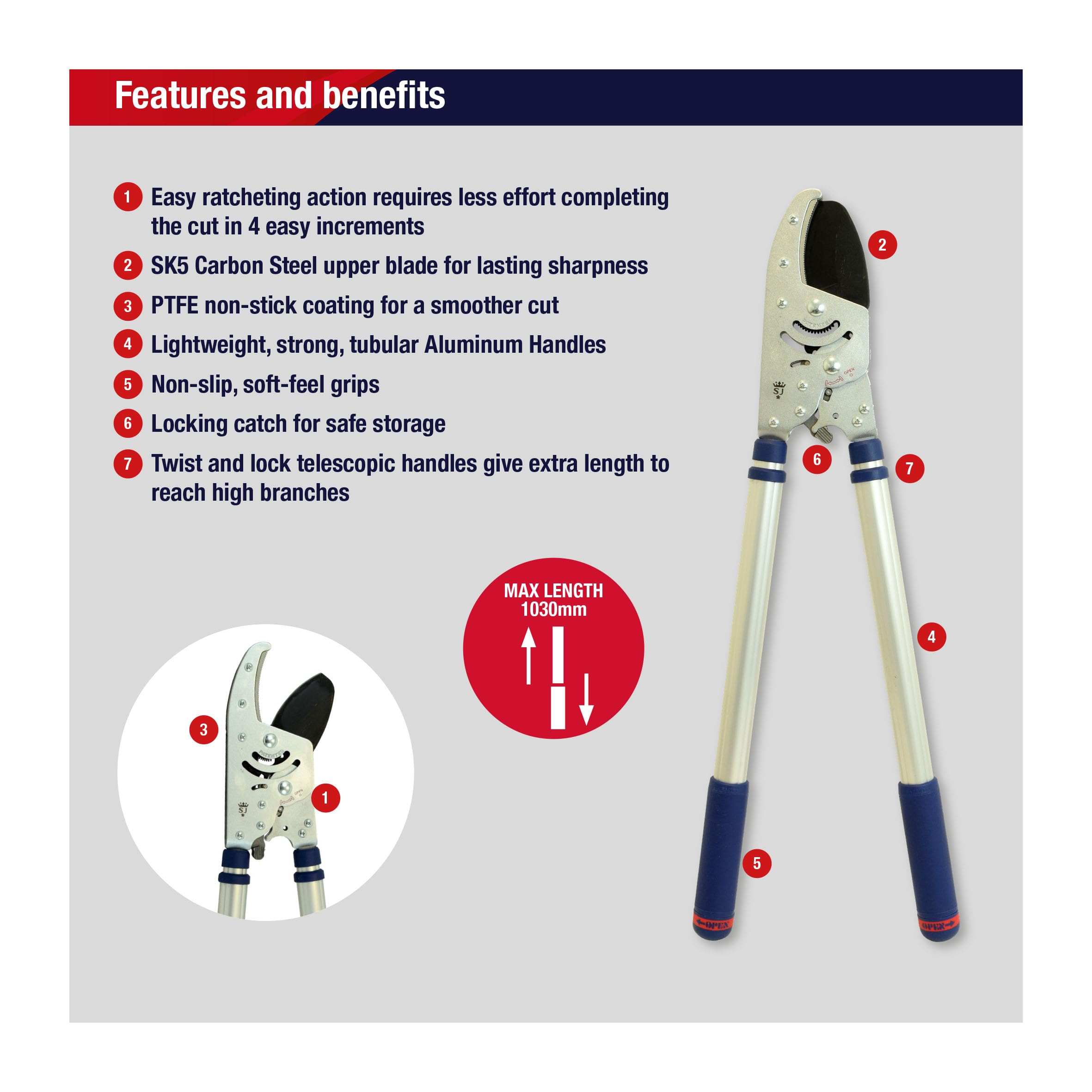 Features and benefits

1. Easy ratcheting action requires less effort completing the cut in 4 easy increments
2. SK5 Carbon Steel upper blade for lasting sharpness
3. PTFE non-stick coating for a smoother cut
4. Lightweight, strong, tubular Aluminum Handles
5. Non-slip, soft-feel grips
6. Locking catch for safe storage
7. Twist and lock telescopic handles give extra length to reach high branches

MAX LENGTH 1030mm