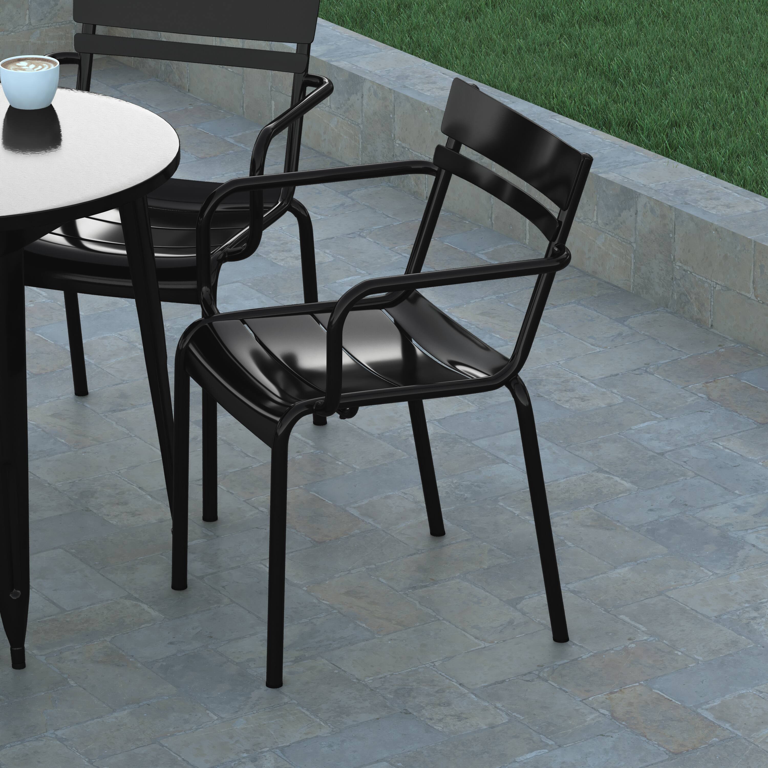 Alt View 4. Emma + Oliver - Rennes Powder Coated Steel Stacking Dining Chair with Arms and 2 Slat Back for Indoor-Outdoor Use - Black.
